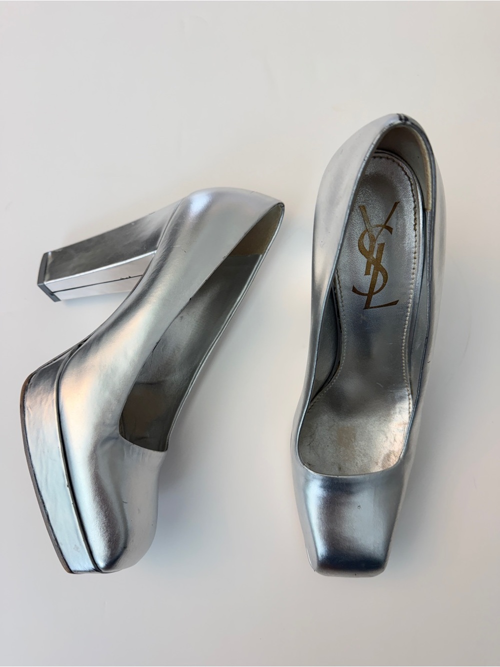 YSL Silver Square Toe Silver Platform Heels, Size 39/8.5